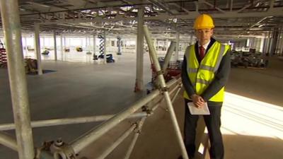 BBC reporter Peter Plisner inside the Jaguar Land Rover factory in Solihull