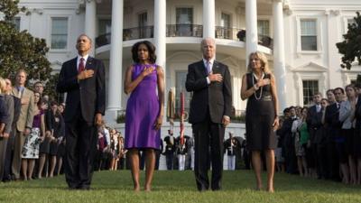 President Obama and his wife Michelle, together with Vice-President Joe Biden and his wife Jill, pause for silence on the September 11th anniversary