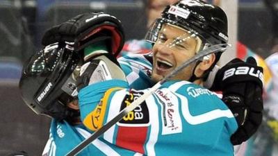 Adam Keefe celebrates scoring against the Edinburgh Capitals