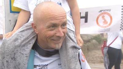 "Tony the Fridge" at the finishing line in Cornwall