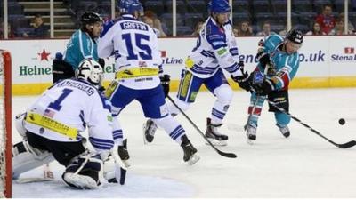 Action from Belfast Giants against Coventry Blaze at The Odyssey Arena