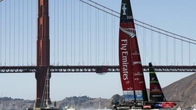 Team New Zealand sails near the Golden Gate Bridge