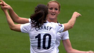 Karen Carney scores a spectacular goal as she nets a first half hat-trick in England's World Cup qualifier against Belarus in Bournemouth.