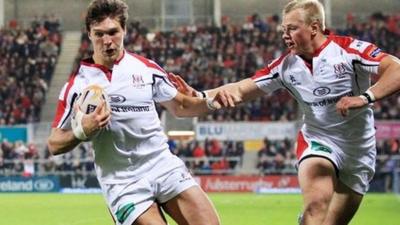 Michael Allen scores a try for Ulster supported by Luke Marshall