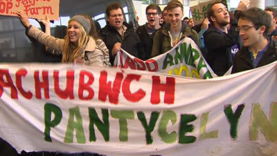 Students protesting in Aberystwyth