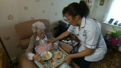 Care worker giving elderly lady a meal