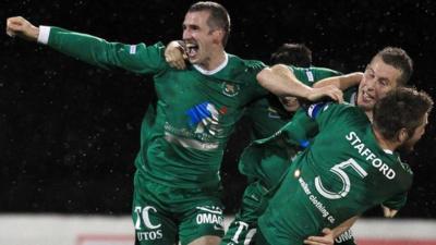 Ballinamallard players celebrate victory over Glenavon at Mourneview Park in the Irish Premiership