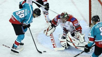 Action from Belfast Giants against Cardiff Devils at The Odyssey Arena