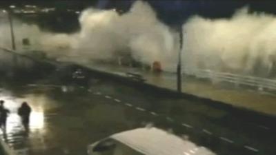 Waves breaking on Aberystwyth seafront