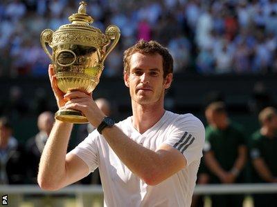 Andy Murray celebrates with the trophy after defeating Serbia's Novak Djokovic in the Wimbledon Men's Final