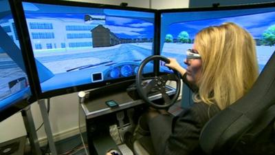 Reporter in car simulator