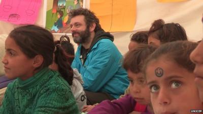 Michael Sheen meeting Syrian refugee children