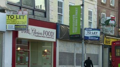 "To let" signs along shopping street in Stockton-on-Tees