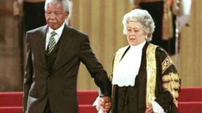 Betty Boothroyd and Nelson Mandela pictured at the Palace of Westminster in 1996