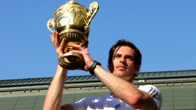 Andy Murray lifts the Wimbledon trophy
