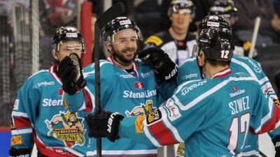 Belfast Giants Colin Shields celebrates scoring against the Sheffield Steelers