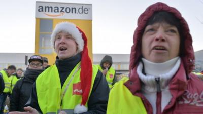 Amazon employees striking outside one of the company's German centres