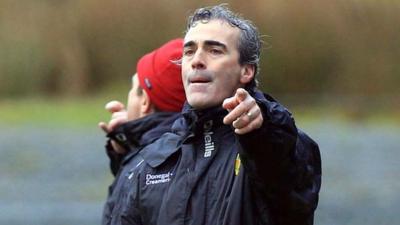 Donegal manager Jim McGuinness shouts out instructions during Sunday's Dr McKenna Cup game against Tyrone.