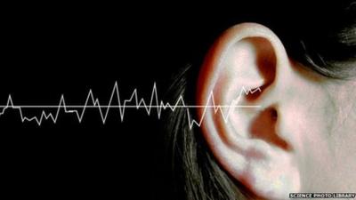 Diagram of a sound wave going into a person's ear