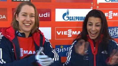 Britain's Lizzy Yarnold (l) and Shelley Rudman