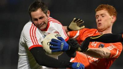 Action from Tyrone against Armagh in the McKenna Cup from Healy Park