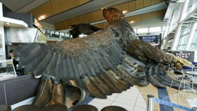 Eagle sculpture on airport floor