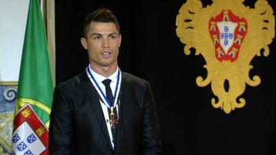 Cristiano Ronaldo is named Grand Officer of the Order of Prince Henry at a formal ceremony in Lisbon's presidential palace.