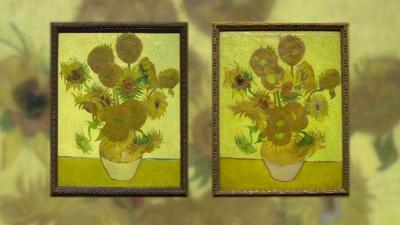 Graphic showing two of Van Gogh's iconic sunflower paintings