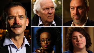 Chris Hadfield, Norman Kember, Jimmy Wales, Jess Thom, Leyla Hussein (from left to right)