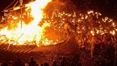 Viking replica on fire