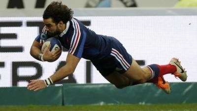 France score a try in the first minute of their Six Nations clash with England