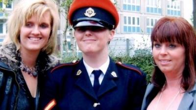 An undated photograph showing Cpl Anne-Marie Ellement (c) with her sisters, Khristina Swain (l) and Sharon Hardy