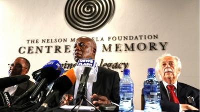 South Africa's Deputy Chief Justice Dikgang Moseneke, (c), Advocate George Bizos, (r)and Prof. Njabulo Ndebele, (l)