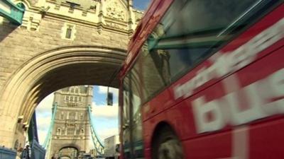 Bus crossing a bridge