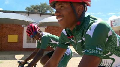 Namibian road cyclists Jojoe Hamunyela and Fiffy Kashululu