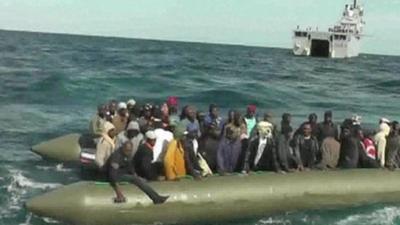 Migrants on boat in Mediterranean