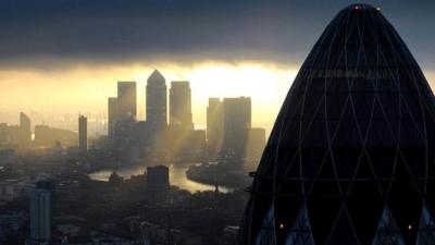 Sunrise in City of London and Canary Wharf