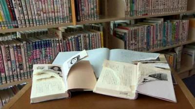 Vandalised copies of Anne Frank's Diary of a Young Girl at Shinjuku City's Chuo Library in Tokyo