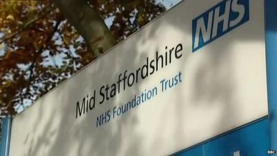 Sign outside Staffordshire Hospital reading: Mid Staffordshire NHS Foundation Trust