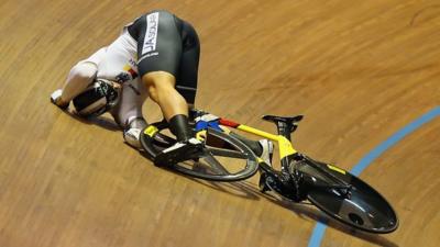 Max Levy's crash in the keirin final at the Track Cycling World Championships costs GB's Jason Kenny his chance to win a medal