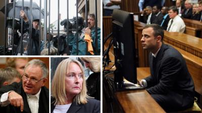 Clockwise from top left, media outside Pretoria high court, Oscar Pistorius in court, Reeva Steenkamp's mother, defence lawyer Barry Roux