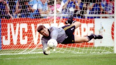 Pat Bonner saves in the penalty shoot-out for Republic of Ireland against Romania