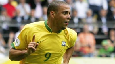 Ronaldo celebrates his 15th World Cup goal after scoring against Ghana in 2006