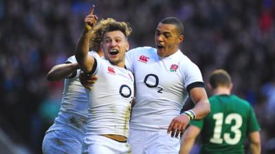 England's Danny Care celebrates after scoring for England against Ireland