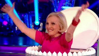 Mary Berry pops out of a cake on Strictly Come Dancing