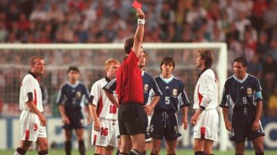 David Beckham is sent off for England against Argentina