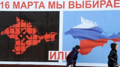 A referendum poster in Crimea reading: "On 16 March we will choose either... or..."