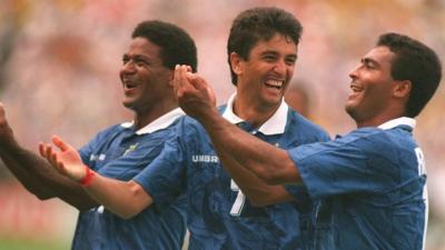 Brazil's Bebeto and Romario celebrate against Netherlands