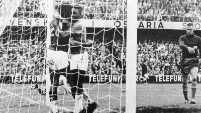 Pele and Vava celebrate as Brazil beat Sweden in the 1958 World Cup final