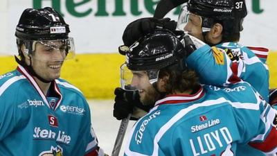 The Belfast Giants celebrate a goal during their 5-3 win over the Nottingham Panthers